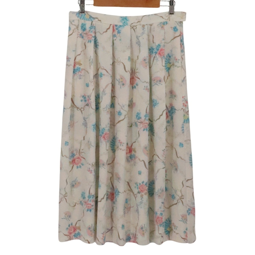 Koret Career Vintage 80s Pleated Midi Skirt Womens Size 10 Floral Fan Bow Office